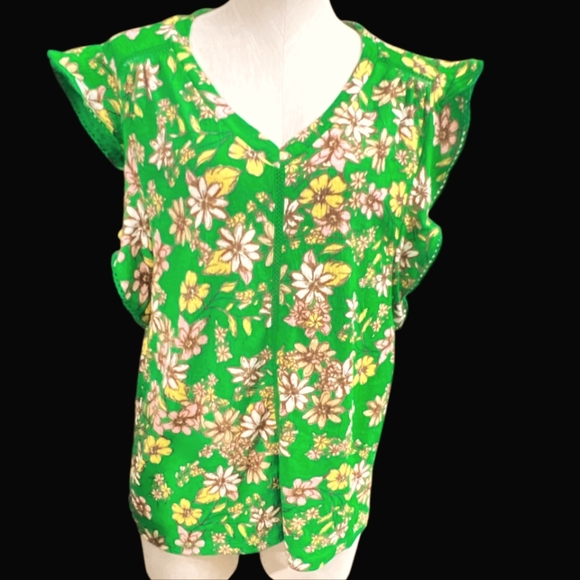 Fred David (NWT) Green Floral Short Sleeve Blouse - Picture 3 of 4